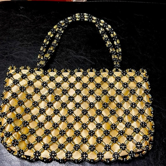 BIJOUX TURNER GOLD & BLACK BEADED MINI FAUX SATIN MINI BAG PURSE - Picture 2 of 8
